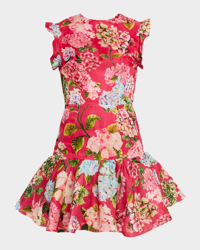 Sleeveless Hydrangea-Print Bubble Mini Dress